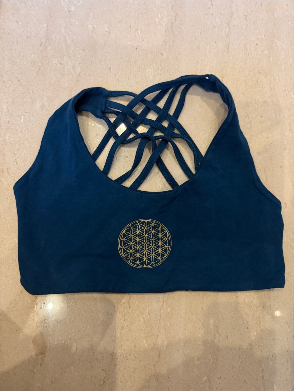 Strappy Back Teal Sports Bra with Gold Medallion